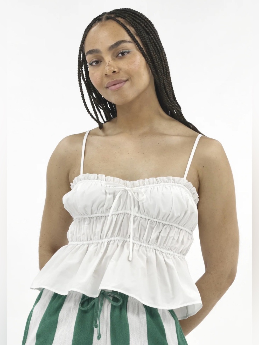 No Boundaries Vivid White Cotton Peplum Style Ruffle Trim Adjustable Straps Cami